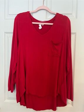 #69 Ady P High Low V-Neck Pocket Long-Sleeve Top - Red 1x